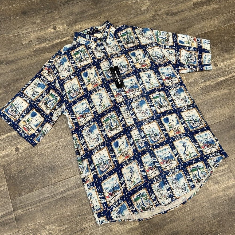 Vintage‎ MONTAGE Pour Homme Button Front Shirt All Over Print Men Size Small NWT